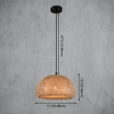 Bamboo Dome Ceiling Pendant Lamp Asian 1 Head in Wood Suspension Light for Hallway