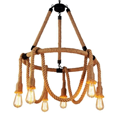 Beige Natural Rope Industrial Restaurant Suspension Light Ring Bare Bulbs Chandelier