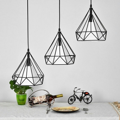 Diamond Form Black Pendant 3 Head Living Room Iron Cage Hanging Lamp with White Fabric Shade