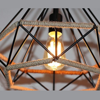 Dining Table Diamond Cage Pendant Light Metal Industrial Rope Black Finish 1-Head Hanging Light
