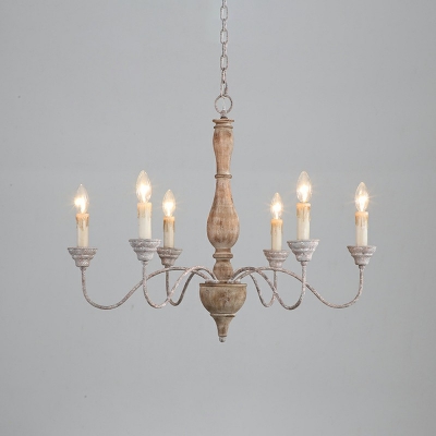 French Country Candle Style Drop Lamp 6 Bulbs Wooden Hanging Chandelier for Living Room