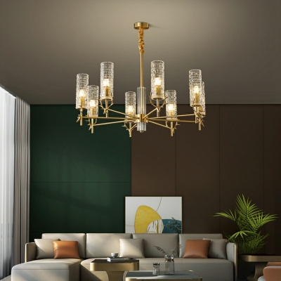 Gold Finish Branching Chandelier Post Modern Metal Hanging Light with Glass Cylindrical Lampshade for Sitting Room