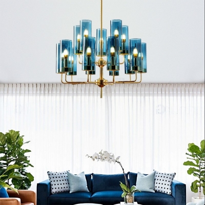 Golden Arm Chandelier Traditional Metal Living Room 12 Bulbs Hanging Lamp with Cylinder Glass Shade