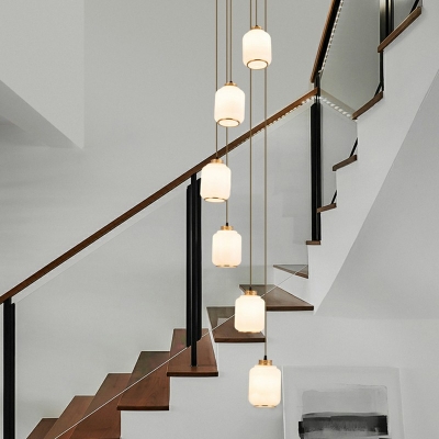 Prismatic Glass Cylindrical Pendant Lamp Modernism Brass Multiple Hanging Light for Stairway