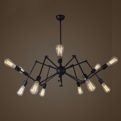 Stacked Arms Sockets Chandelier Industrial Metal 12-Light Bare Bulb Chandeliers in Black