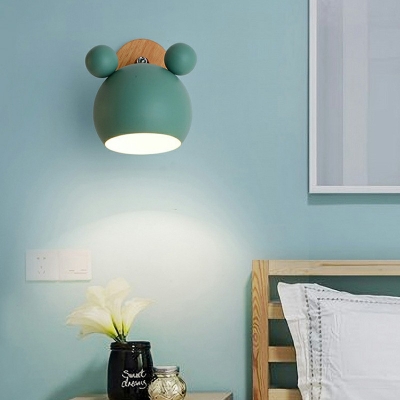 1 Bulb Kids Bedside Wall Lamp Macaron 7 Inchs Wide Wood Adjustable Wall Mount Light with Bear Head Metal Shade