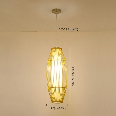 1-Light Hanging Lamp Wood Pendant Lighting Fixture with Bamboo Cylindrical Rugby Shade in Wood