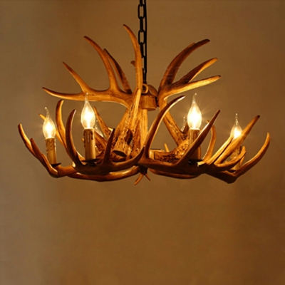 6-Light Antlers Farmhouse Chandelier Rustic Style Candle Shape Antique Style for Restaurant