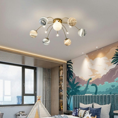 Arc Semi Flush Mount Chandelier Nordic Glass Bedroom Ceiling Light in Multi Color