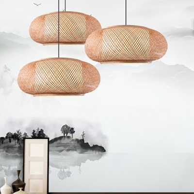 Beige Pumpkin Shade Suspension Lighting Simplicity Bamboo 1-Light Wood Pendant Light Fixture