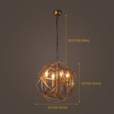 Golden Candle Pendant Light with Globe Shade 4 Heads Retro Loft Iron Chandelier for Dining Table