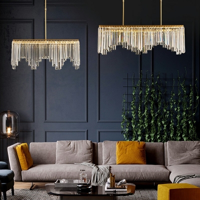 Golden Crystal Rectangle Pendant Light Modern Hanging Chandelier for Dining Room in White Light
