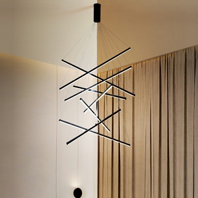 Living Room LED Pendant Chandelier Black Chandelier Light Fixture with Linear Metal Shade