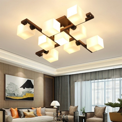Rectangle Glass Shade Modern Natural Wood Semi Flush Mount Light for Living Room