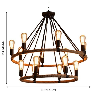 Retro Industrial Rope Suspension Light Black Metal Ring Iron Chandelier for Dining Room