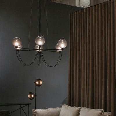 Smoke Gray Glass Suspension Lighting Modern Living Room 6-Light Balloon Design Chandelier in Black