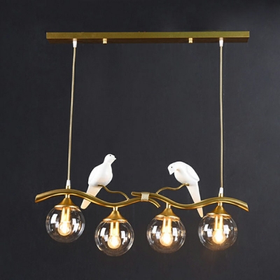 Sphere Suspension Light Glass 4-Head Postmodern Island Lamp with Bird and Branch Decor