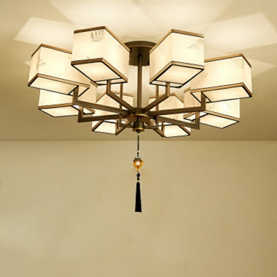Traditional Style White Flush Mount Ceiling Light Vintage Rectangle with Tassel Knot Living Room
