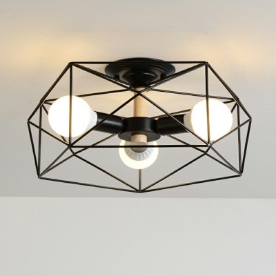 3 Light Cage Semi Flush Mount Light Vintage Industrial Metal Ceiling Light for Living room