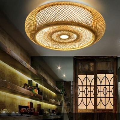Asian Style Flush Mount Donut Ceiling Mounted Fixture 3-Light with Bamboo Shade in White