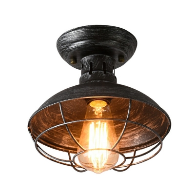 Barn Wrought Iron Semi Flush Light Rustic Style 1 Bulb Grey Ceiling Mounted Light with Wire Frame