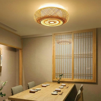 Beige Bamboo Weaving Round Flush Light Asia Style 1 Bulb Wood Ceiling Mount Lamp for Bedroom