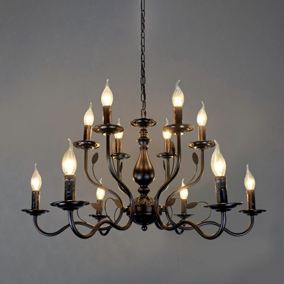 Colonial Style Black Chandelier with Candle 12 Lights Metal Hanging Light for Bedroom