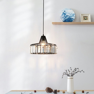 Drum Shape Pendant Light Embedded with Clear Crystal 1 Bulb for Bedroom Dining Room