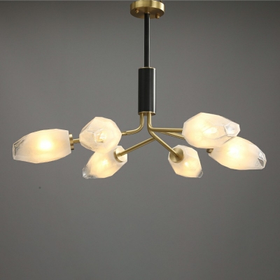 Gold Metal Radial Pendant Light Mid-Century Modern White Floral Glass Shade Chandelier Lighting