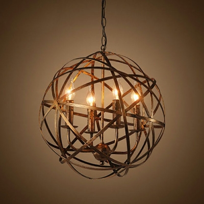 Golden Candle Pendant Light with Globe Shade 4 Heads Retro Loft Iron Chandelier for Dining Table