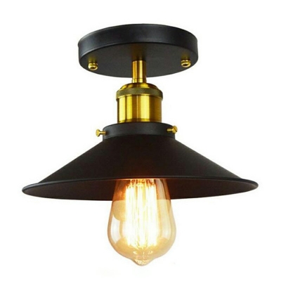 Industrial Black Single Lamp Semi Flush Light in Railroad Shade for Farmhouse Kitchen Porch