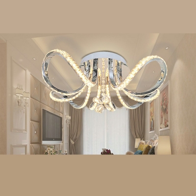 Minimal Twisted Semi Flush Light Fixture Crystal LED Bedroom Ceiling Lamp in Chrome
