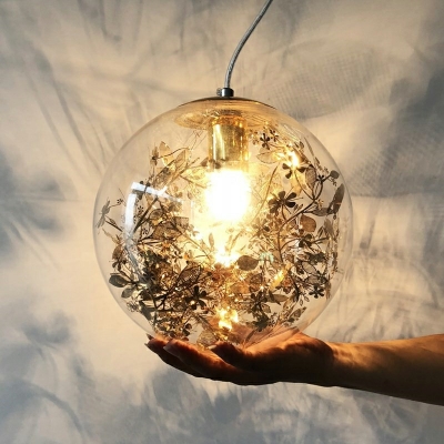 Modern Living Room Pendant Clear Glass Ball Shade Single Head Hanging Lamp with Plant