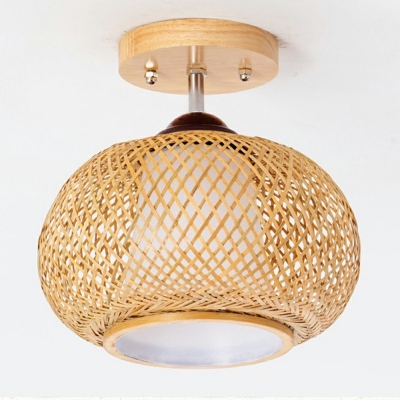 Pumpkin Semi Flush Mount Asian Bamboo 1 Bulb Close to Ceiling Lighting in Wood