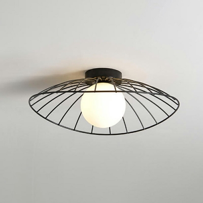 Single-Bulb Cap Shape Black/Gold Semi Flush Ceiling Light Rattan Corridor Flush Mount Lighting