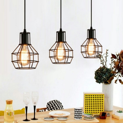 Vintage Industrial Style 3-Light Cage LED Multi Light Pendant Light in Black Finish for Restaurant