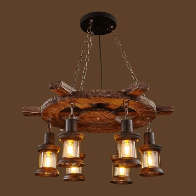 Wheel Restaurant Chandelier Lamp Farm Wood 6-Light Black Pendant Light Fixture with Lantern Clear Glass Shade