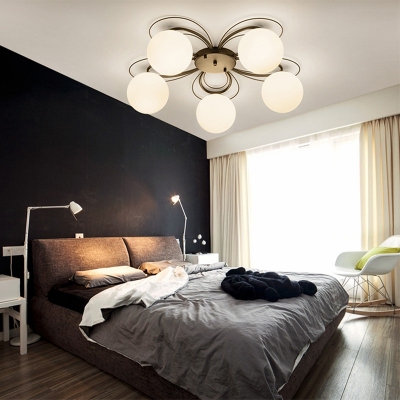 White Glass Shade Flush Mount Light in Black Contemporary Metal Light Fixture for Bedroom Dining Room