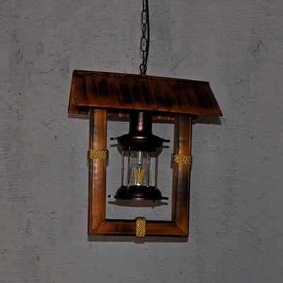 1 Light Distressed Wood Nautical Style Iron Shade Hanging Light Rectangular Foyer Pendant Lighting Fixture