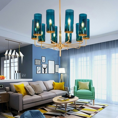 10 Lights Living Room Chandelier Pendant Light Modern Style Blue Ceiling Lamp with Cylinder Shade