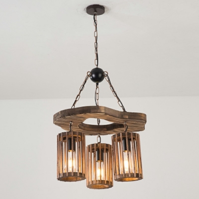 3-Light Caged Pendant Lights Country Distressed Wood Hanging Light Fixtures for Dining Room