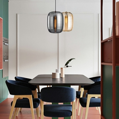 Contemporary Style Glass Hanging Light Single Light Drum Shape Bedroom Living Room Pendant Light