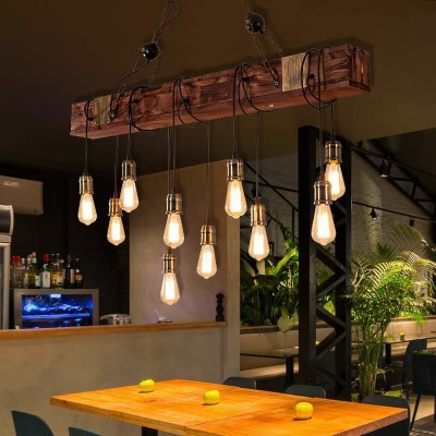 Industrial Black Design Wooden 10-Bulb Island Light Coffee Shop Hanging Lamp