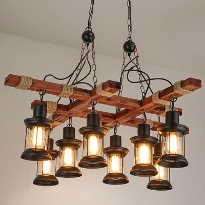 Industrial Style 8 Lights Black Chandelier Wood Shaded Hanging Chandelier Light for Restaurant