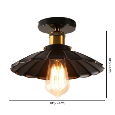 Industrial Style Black Semi Flush Mount Light 1 Light Mental Scalloped Ceiling Light for Indoor Room