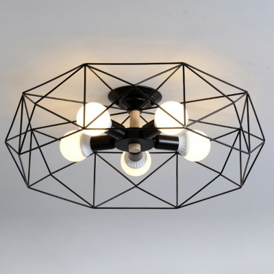Industrial Style Metal Semi Flush Mount Cage Shape Flush Mount Ceiling Light for Living Room