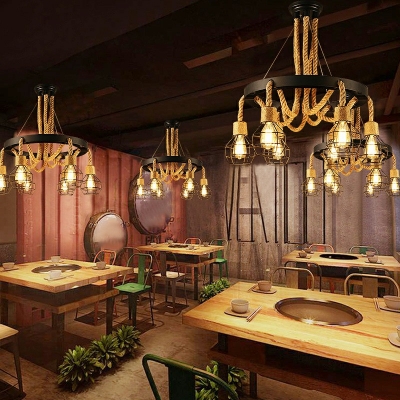 Metal Wheel Chandelier Pendant Light Vintage Restaurant Dining Room Ceiling Lamp in Black
