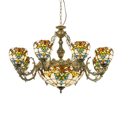 Tiffany Style Beige 9 Lights Chandelier Dome Shade Living Room Hanging Light Fixture Stained Glass