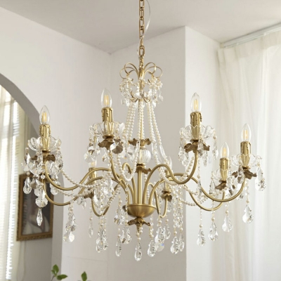 Vintage Rustic Style Brass Finish Candlestick Chandelier Crystal Drop Metal Dining Room Suspension Light