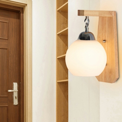 Wooden Ball LED Wall Sconce 1 Head Minimalist Wall Mounted Lamp with White Glass